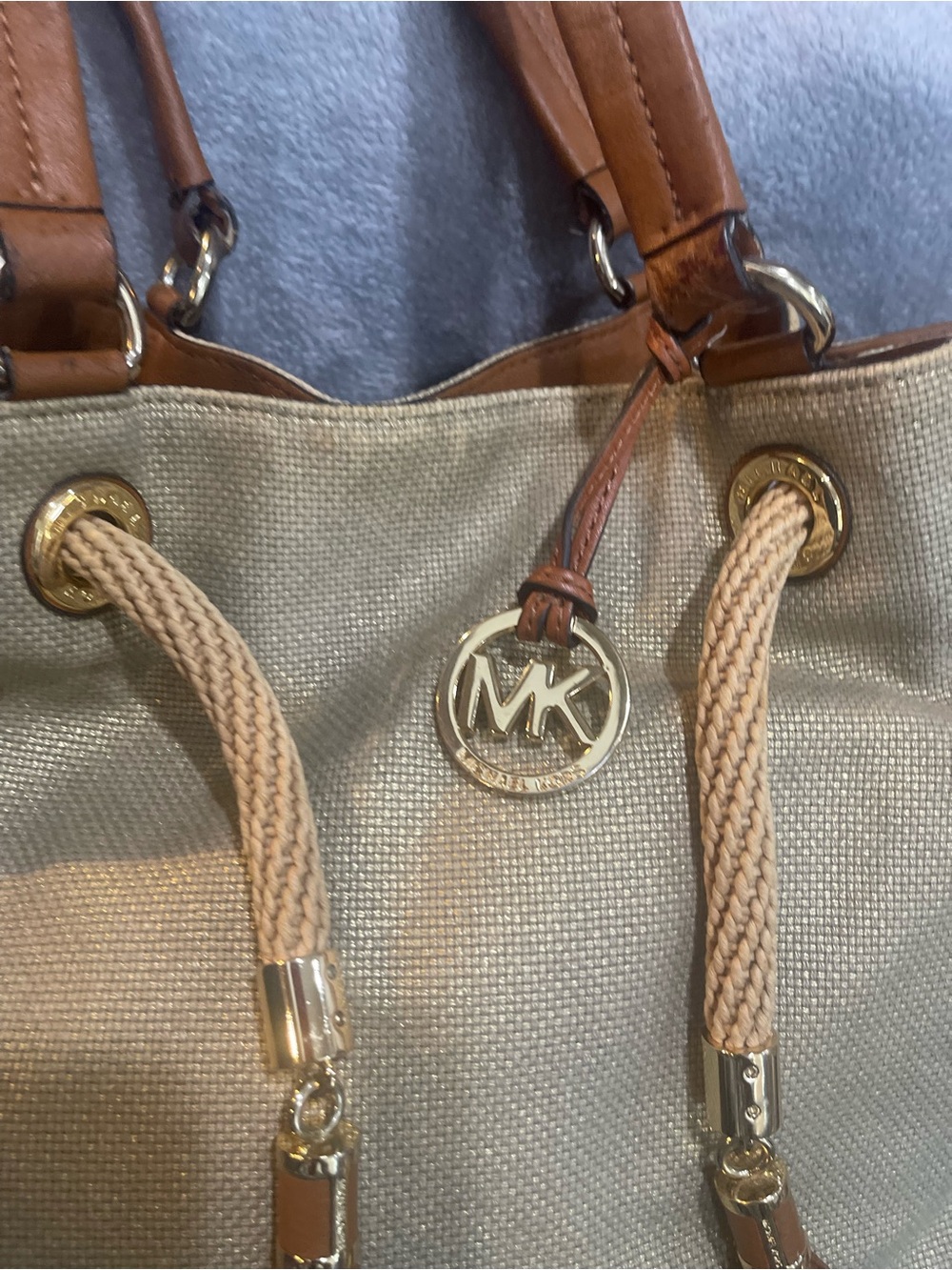 Michael Kors Beige Canvas Metallic Tote  w/Tan Leather Handles & Gold Hardware